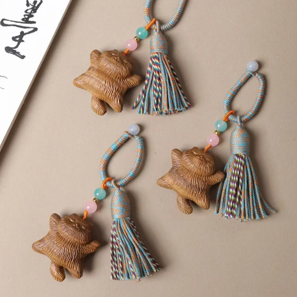 Creative Lacquer Beech Green Sandalwood Carved Star Moon Cat Couple Keychain Worry Stone Hanging Ornament Craft Gift