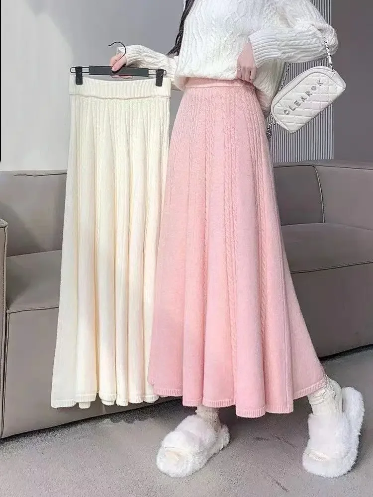 A-line midi skirt for women's autumn and winter new temperament high waist coverage pleated long skirt knitted winter skirt