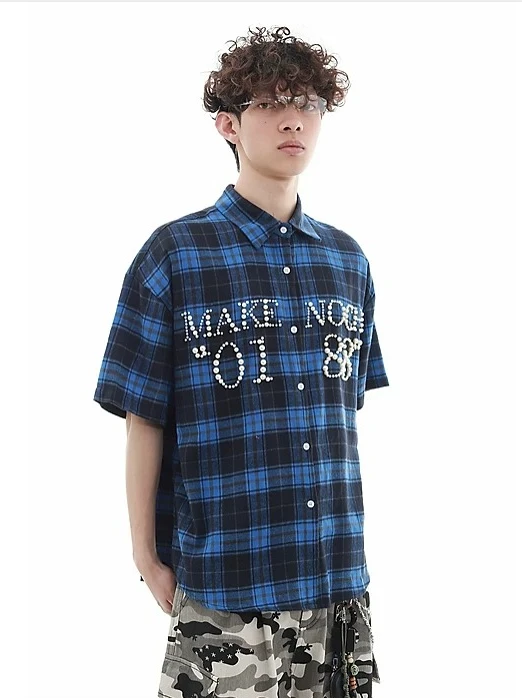 Summer Vintage Blue Black Plaid Short Sleeve Button Down Shirt Men Red Pearls Rhinestone Letter Loose Casual Street Shirt