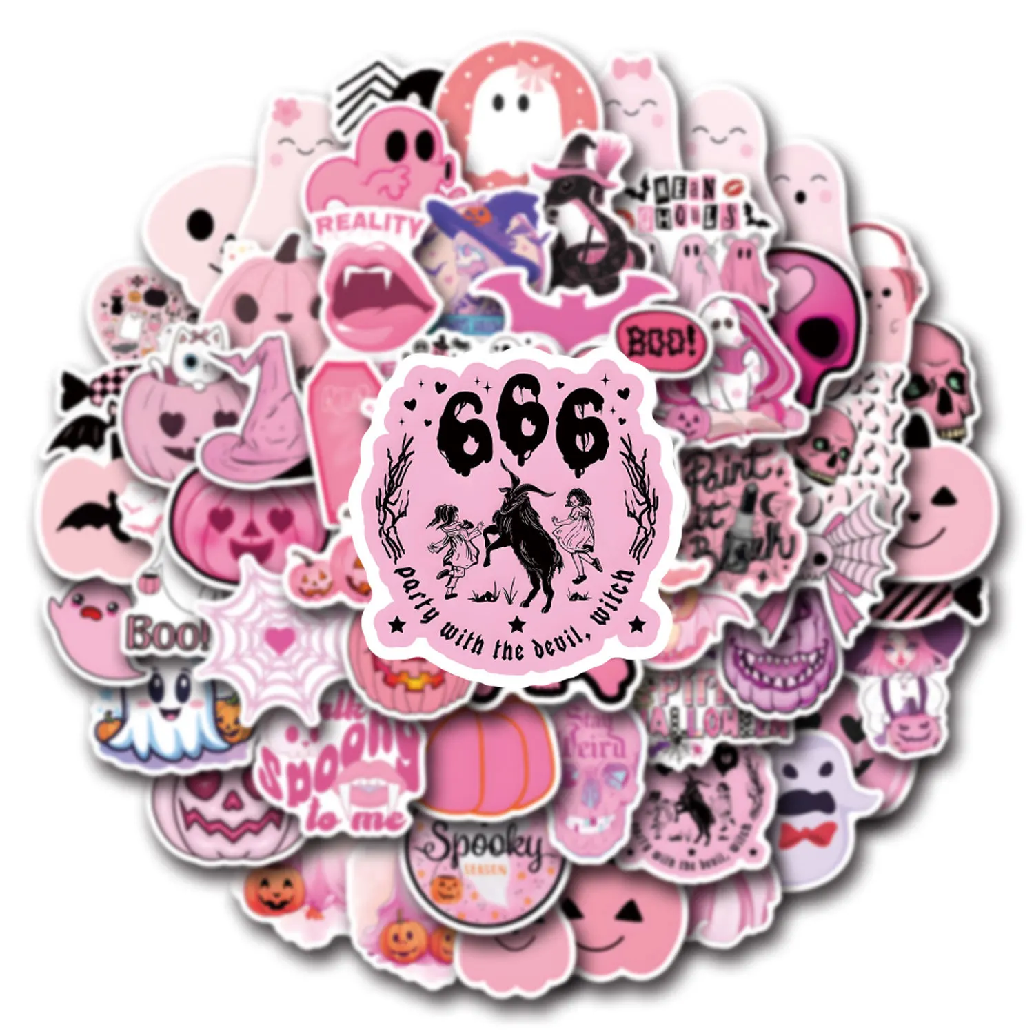 60PCS Cute Pink Halloween Ghost Skull Pumpkin Stickers DIY Stickers Scrapbooking Phone Luggage Skateboard  Waterproof Decals