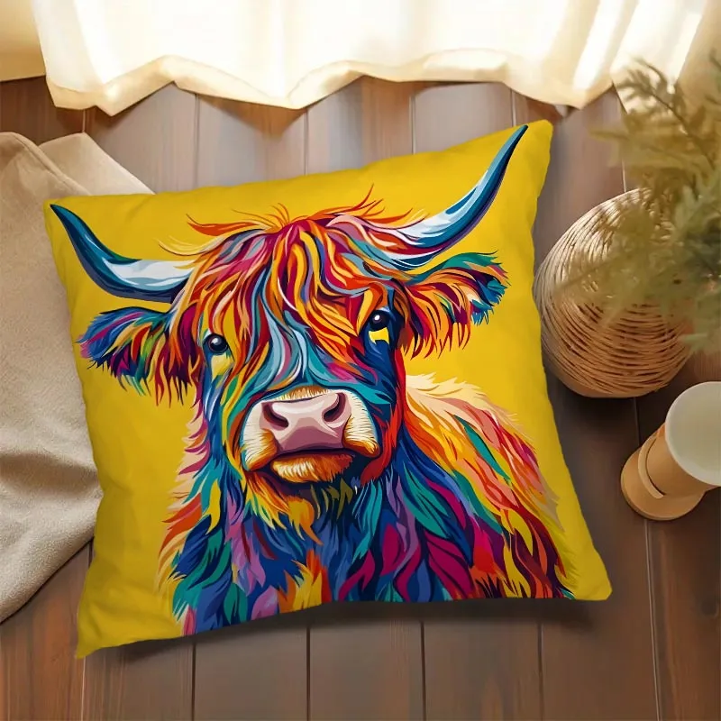 1pc Colorful Highland Cow Printed Throw Pillow Cover, Suitable for Sofa, Bedroom, Living Room,an Artistic Gift for Animal Lovers