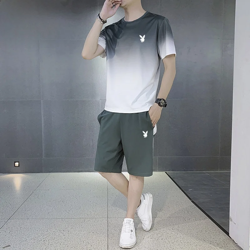  Ice Silk Men's Sportswear Set Summer Loose Large Size Gradient Short Sleeve Shorts Fitness Running Sportswear