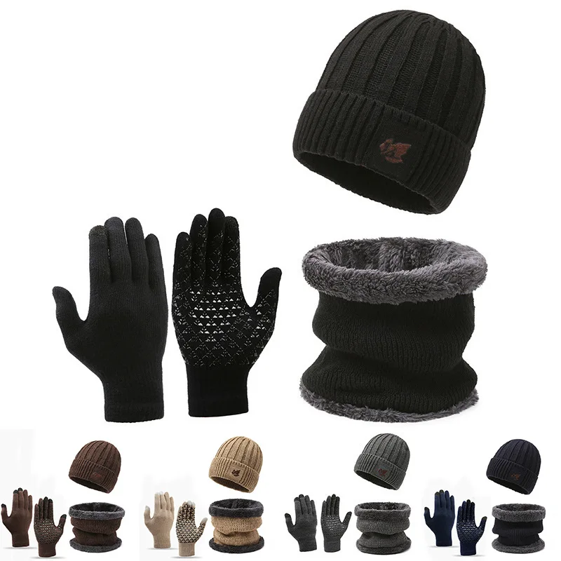 Thermal Knit Beanie Scarf Gloves 3pcs Set Double Layer Windproof Ear Flap Hat with Detachable Scarf for Winter Daily Commute