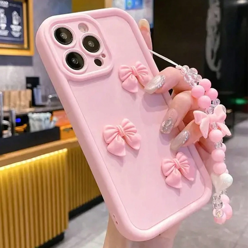 Niedliche 3D-Schleifen-Luxus-Handyhülle für iPhone 11 12 13 14 15 16 17 Pro Max 16E X XS XR Plus Hüllen mit Schleifenband und Hängeseil. – Detail 4