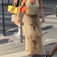 Kondala Spring Summer Casual Women Print Skirts Fashion Elegant Tierred A Line Beach
