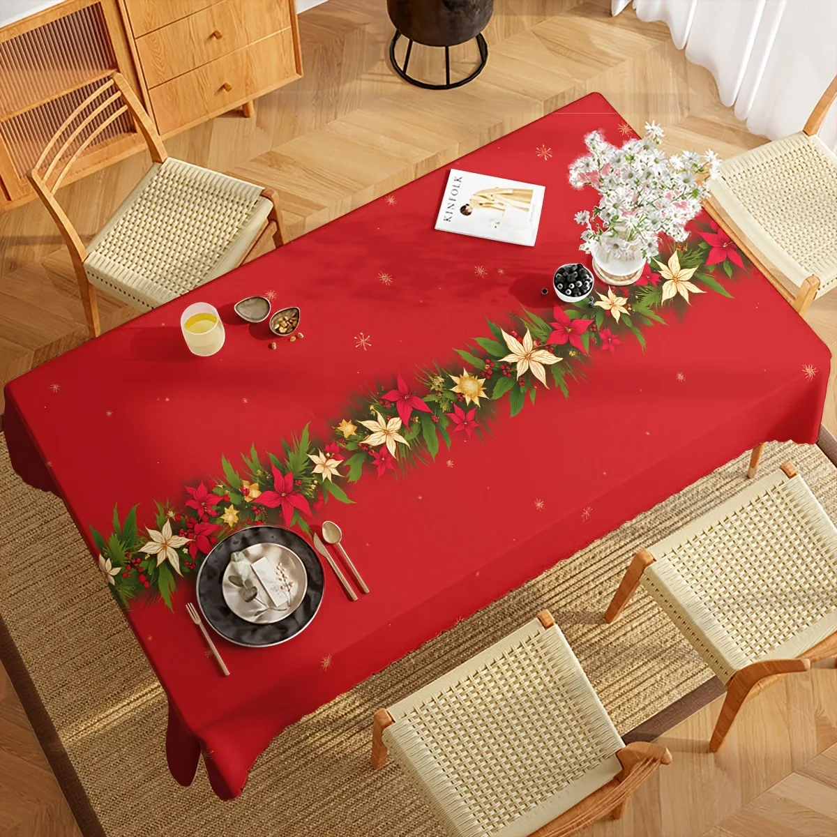 Christmas Poinsettia Green Foliage Waterproof Table Cloth Table Decor Rectangle Home Dining Tablecloth Christmas Decorations