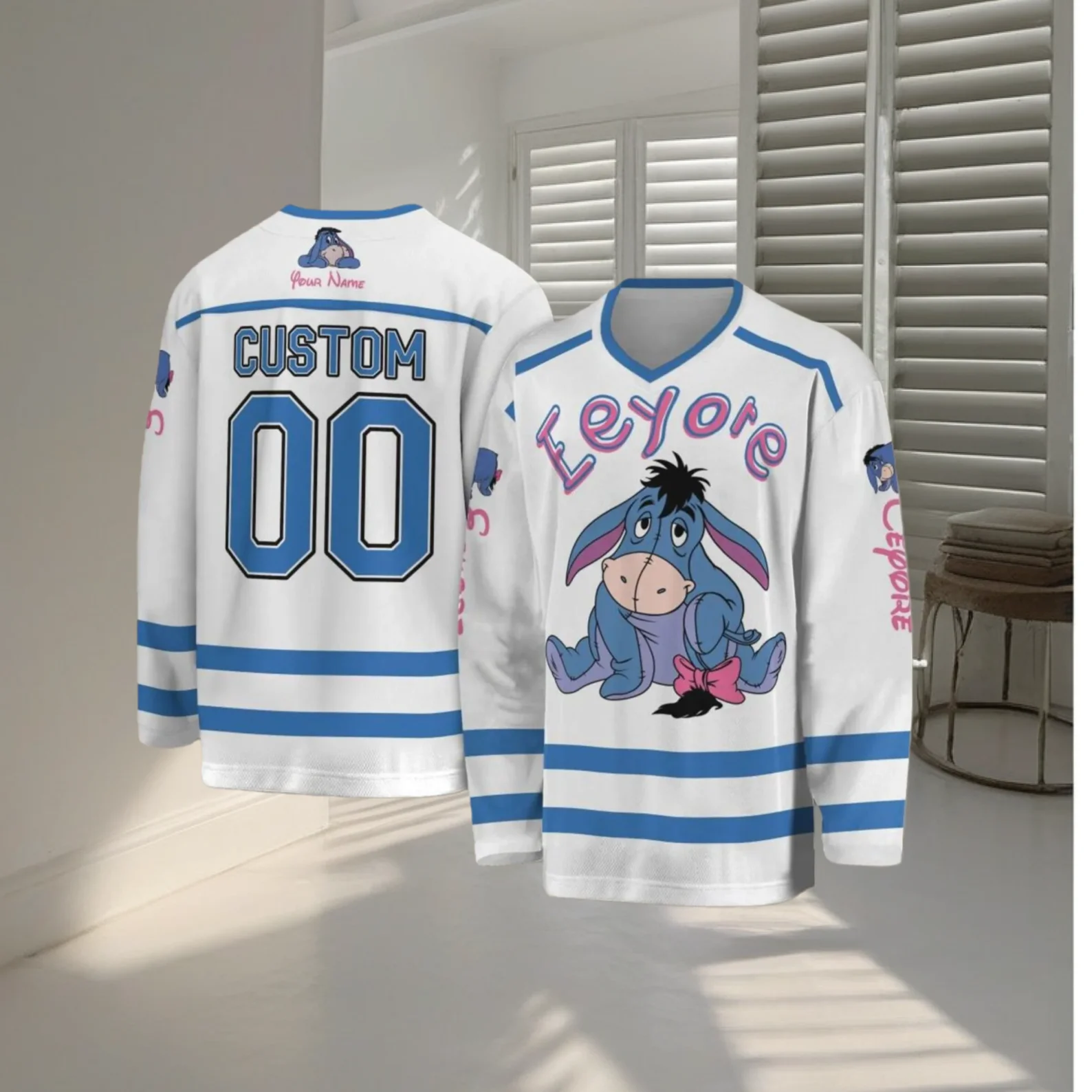 ديزني ويني ذا بوه هوكي الجليد جيرسي ثلاثية الأبعاد طباعة الرجال المرأة طويلة الأكمام البلوز موضة Eeyore فريق هوكي رياضي جيرسي #5