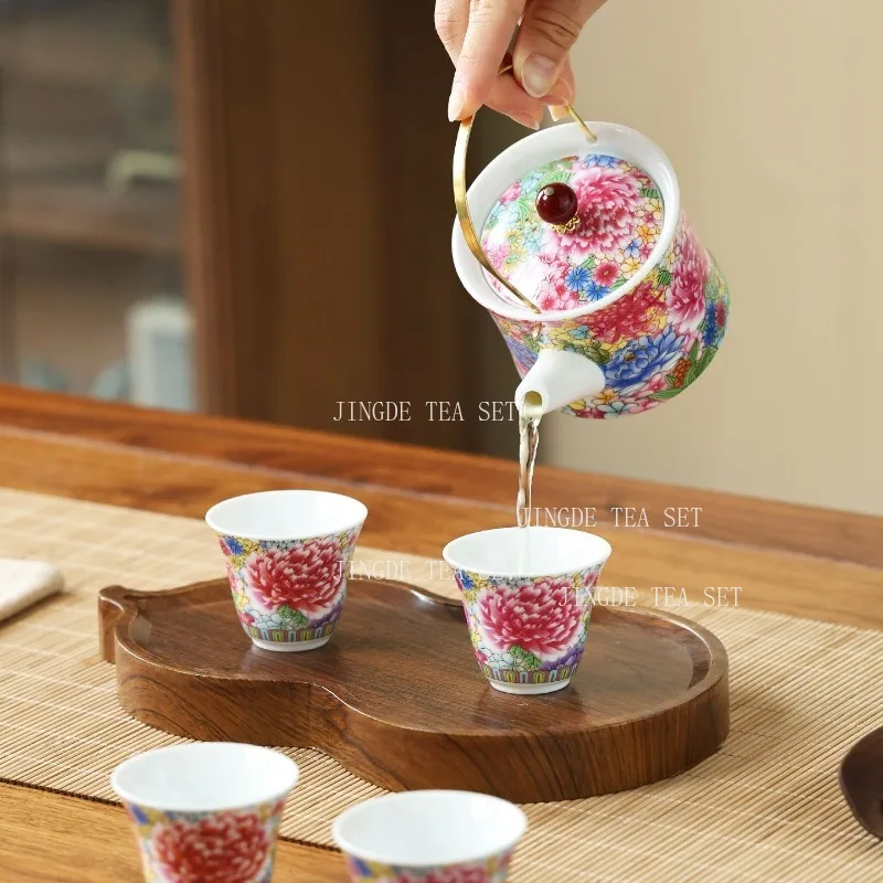 Enamel Ceramic Tea Set Lifting Beam Pot Set 1 Pot and 4 Cups Household Hospitality Tea Pot Tea Tasting Cup Drinking Utensils