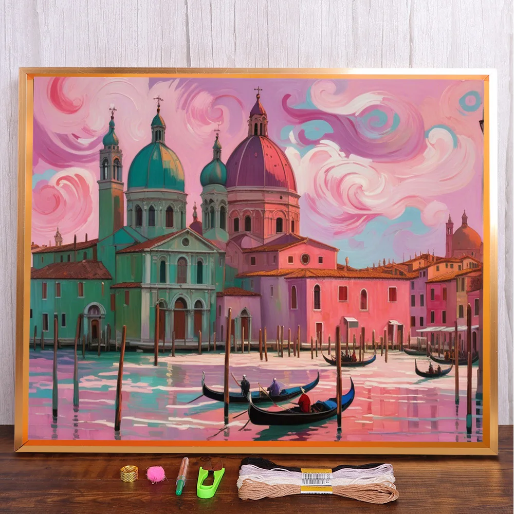 

Building By River Printed Canvas Cross Stitch Complete Kit Embroidery Handmade Craft Sewing Handicraft For Adults Design Counted