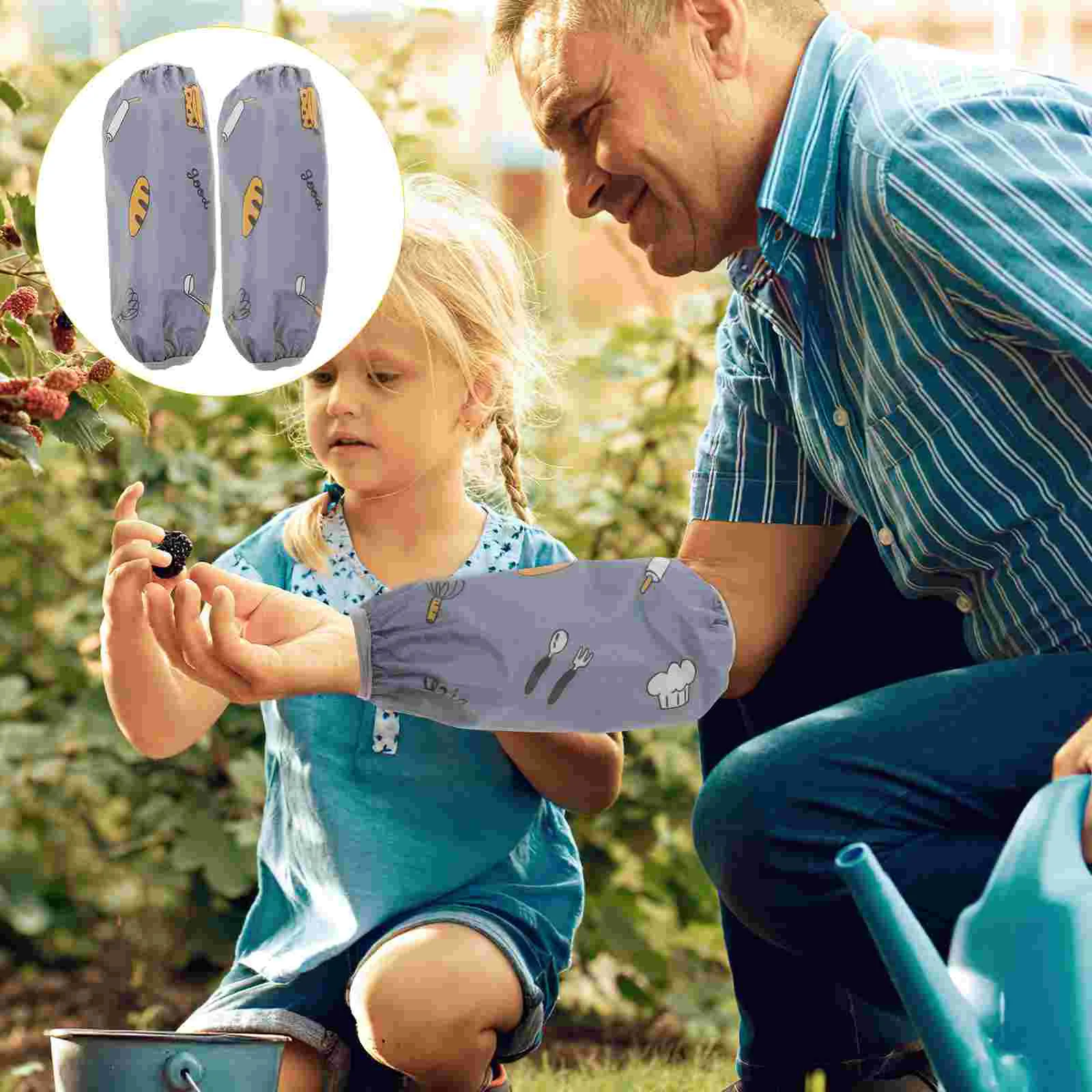 2 Pair Waterproof Arm Sleeves Reusable Household Cuff Guard Cartoon Oilproof Kitchen Blue Work