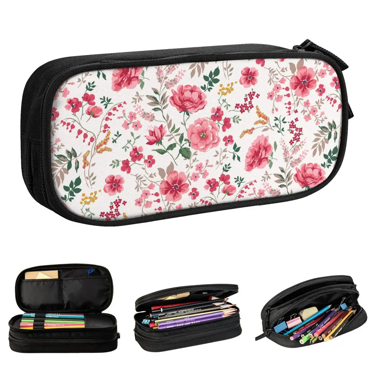 Trendy Seamless Floral Pattern Pencil Case Fashion Pink Flowers Pen Holder Bag for Student Large Storage Gift Pencilcases