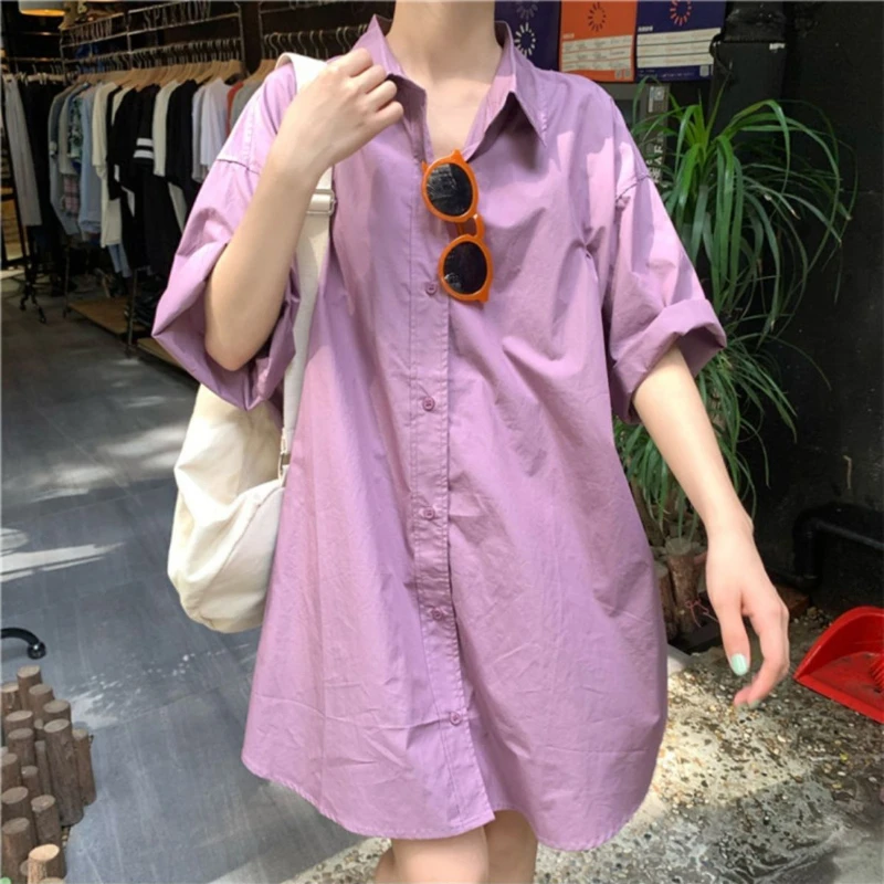 

DAYIFUN Hong Kong Style Solid Shirts Women's Summer New Loose Oversized Lining Dress Versatile Short Sleeved Mid Length Blusas