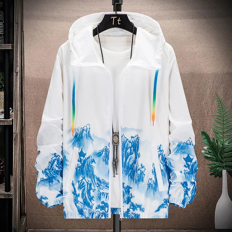 Summer Printed Ultra-thin Sunscreen Jacket Ink Mountain Jacket Hooded Uv Resistant Outdoor Breathable And Quick Drying Sprinte