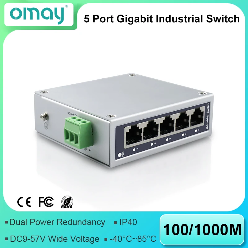 5 Port Gigabit Industrial Ethernet Switch Unmanaged 10/100/1000Mbps DIN Rail 9-57V Wide Voltage Fanless IP40 Network Switch