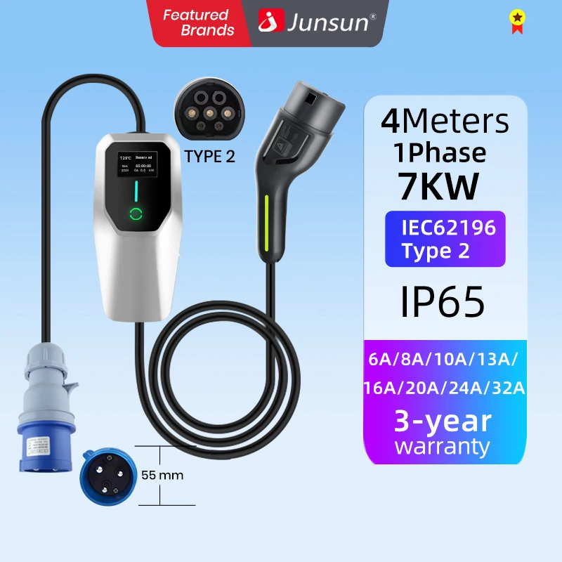 Junsun ev charger type 2 7KW Sliver 4meters 8A/10A/13A/16A/24A/32A adjustable Car fast charging plug to plug chargeur for tesla