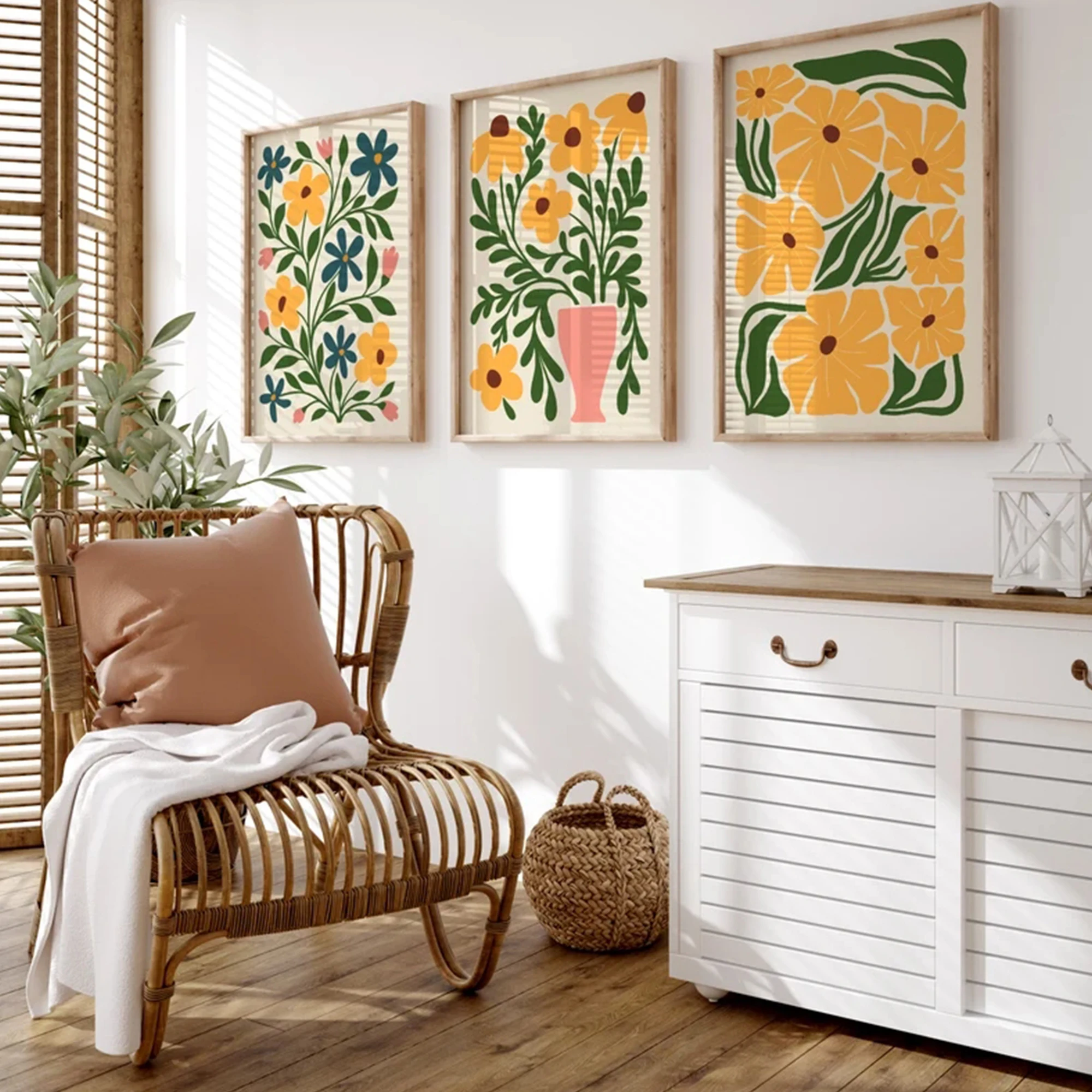 3pcs Modern Pink & Yellow Botanical Flower Wall Art Print Canvas Painting Poster Picture For Living Room,Bedroom Home Decor - view 4