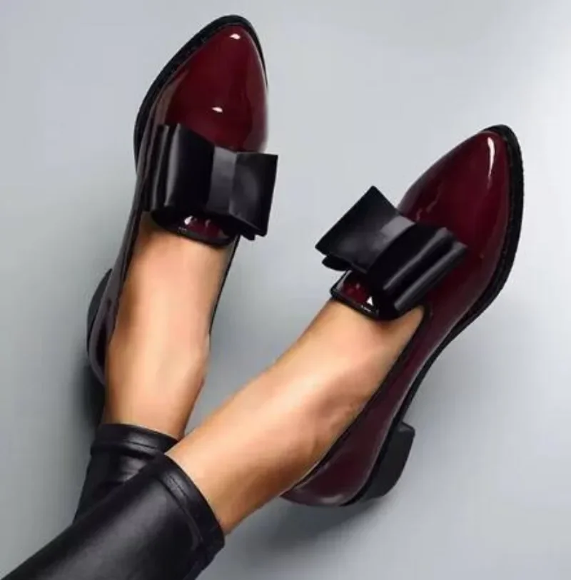 Women's Loafers Bow Pointed Toe Flat 2025 New Shoes for Women Patent Leather Shallow Mouth Casual Comfortable Ladies Shoes