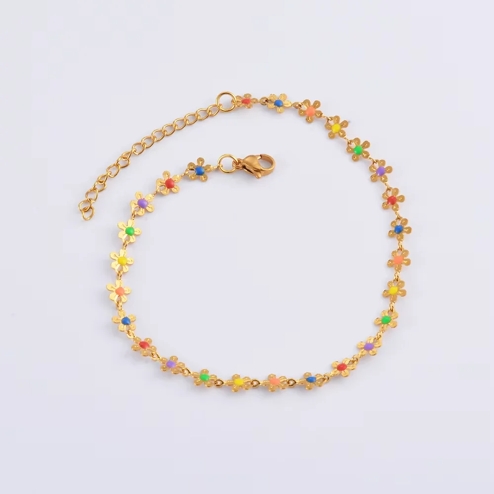 Modische Edelstahl-Armbänder mit Emaille-Herz-, Blumen- und Sternanhängern für Damen, Fußkettchen, Schmuckgeschenke, 16cm/18cm/21cm+ – Detail 7