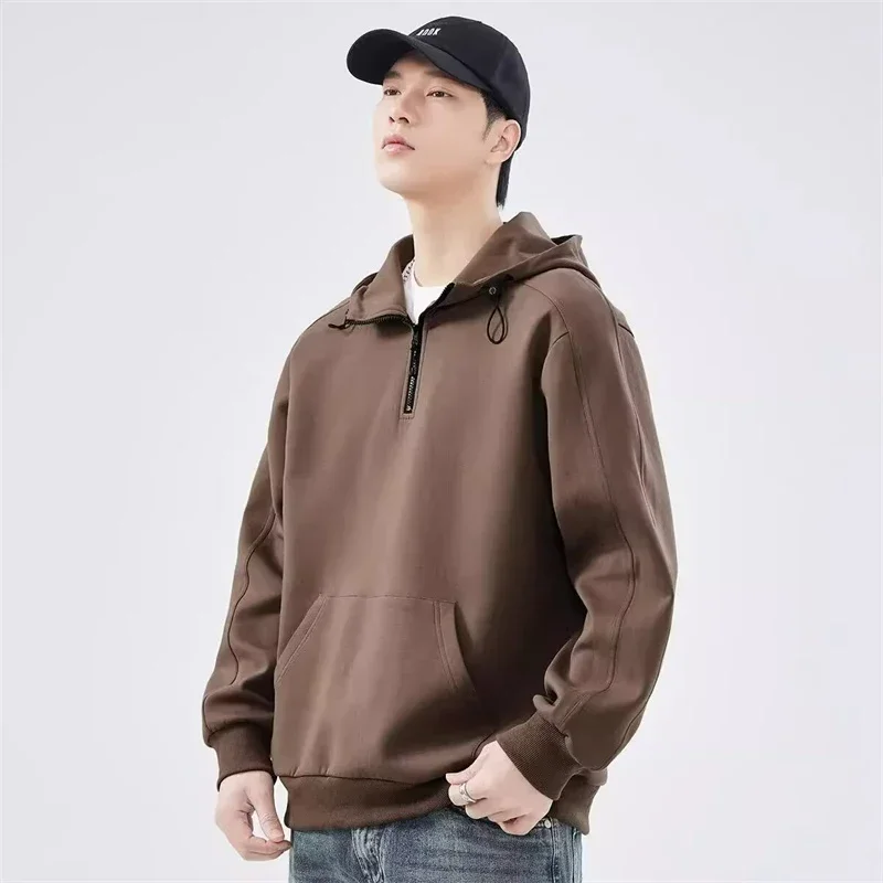 New in Men's Casual Half Zipper Hooded Sweatshirts High Street Fashion Fleece Pullover Hoodies Autumn Y2K Vintage Hoodie Clothes