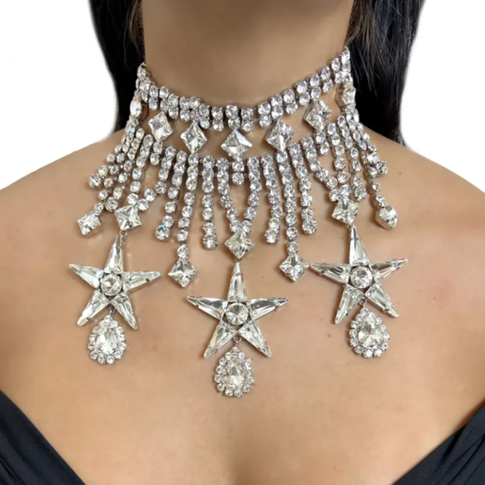

Fashion Star Choker Necklace Costume Jewellery Water Drop Lady Rhinestone Pendant Necklace Girl Gifts Prom for Women Party