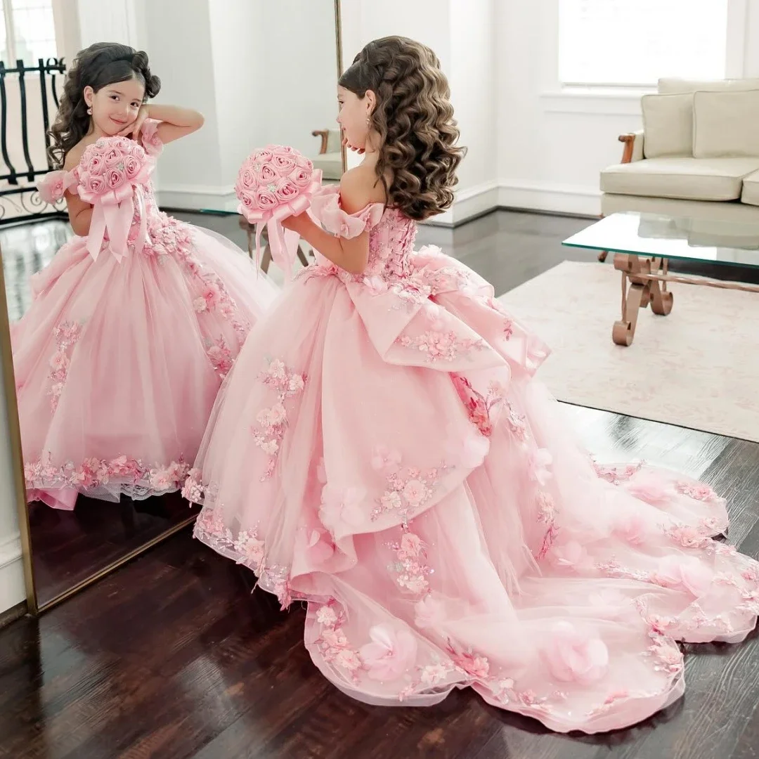 Custom light luxury dress women wedding guest gown girls wedding gown birthday party pageant off shoulder floral tulle ball gown