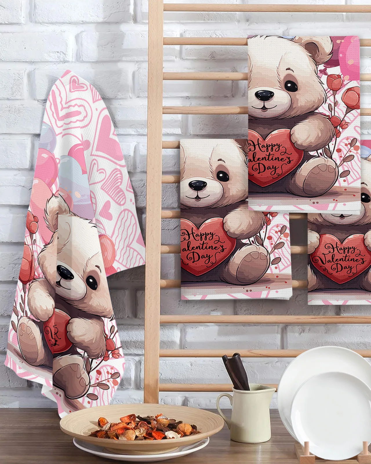 Valentine'S Day Balloon Love Doll Bear 30*30cm Waffle Microfiber Kitchen Towel Soft Cleaning Cloth Scouring Pad Wiping Rag