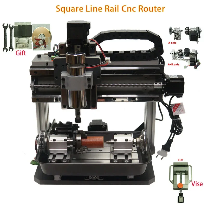 Square Line Rail Cnc Router 3020 3/4/5 Axis Metal Milling PCB Drilling Machine 500W ER11 Spindle USB Port Wood Carving Engraving