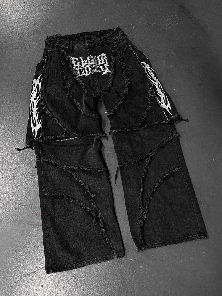 

HOUZHOU Vintage Zipper Patchwork Jeans Women Grunge Y2k High Street Black Denim Trousers American Retro Punk Street Denim Pants