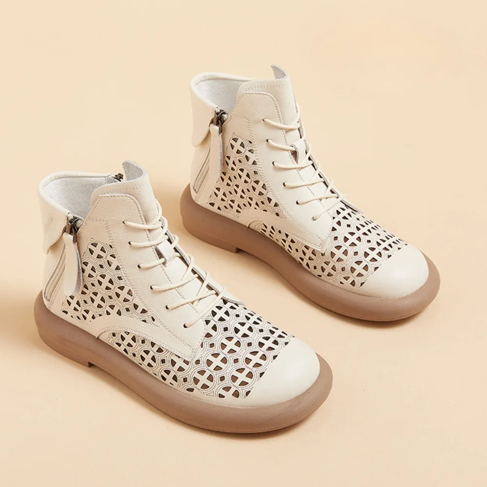 Botas de cuero para mujer 2025, botas huecas de cuero Retro para mujer, botas cortas informales con suela de plataforma y cremallera de doble cara, zapatos de mujer