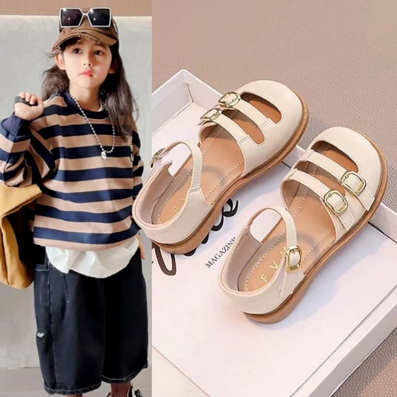 New 2024 Summer Sandals Girls Soft Non-slip Princess Shoes Kids Leather Cuts-out Children Closed Toe Soft Fashion Toddler Shoes