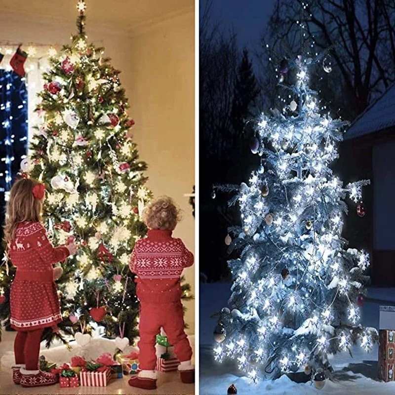 Guirnalda de luces LED solares para decoración de boda y Año Nuevo, guirnalda navideña de copos de nieve, cadena de luces impermeables para jardín