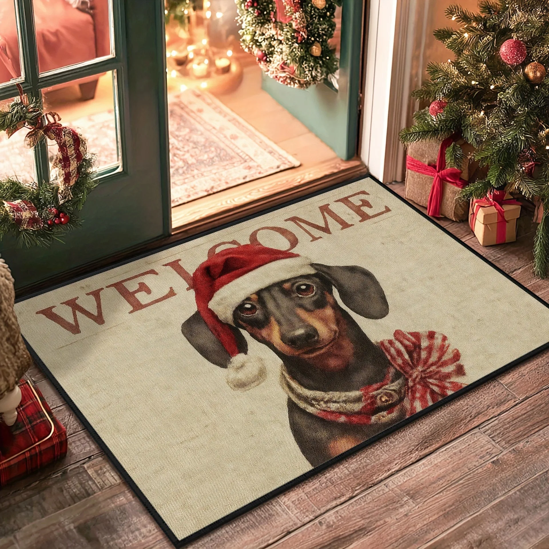 Charming Dachshund Dog Poinsettia Wreath Christmas Doormat Non Slip Entrance Rug For Holiday Season Pet Owner Gift