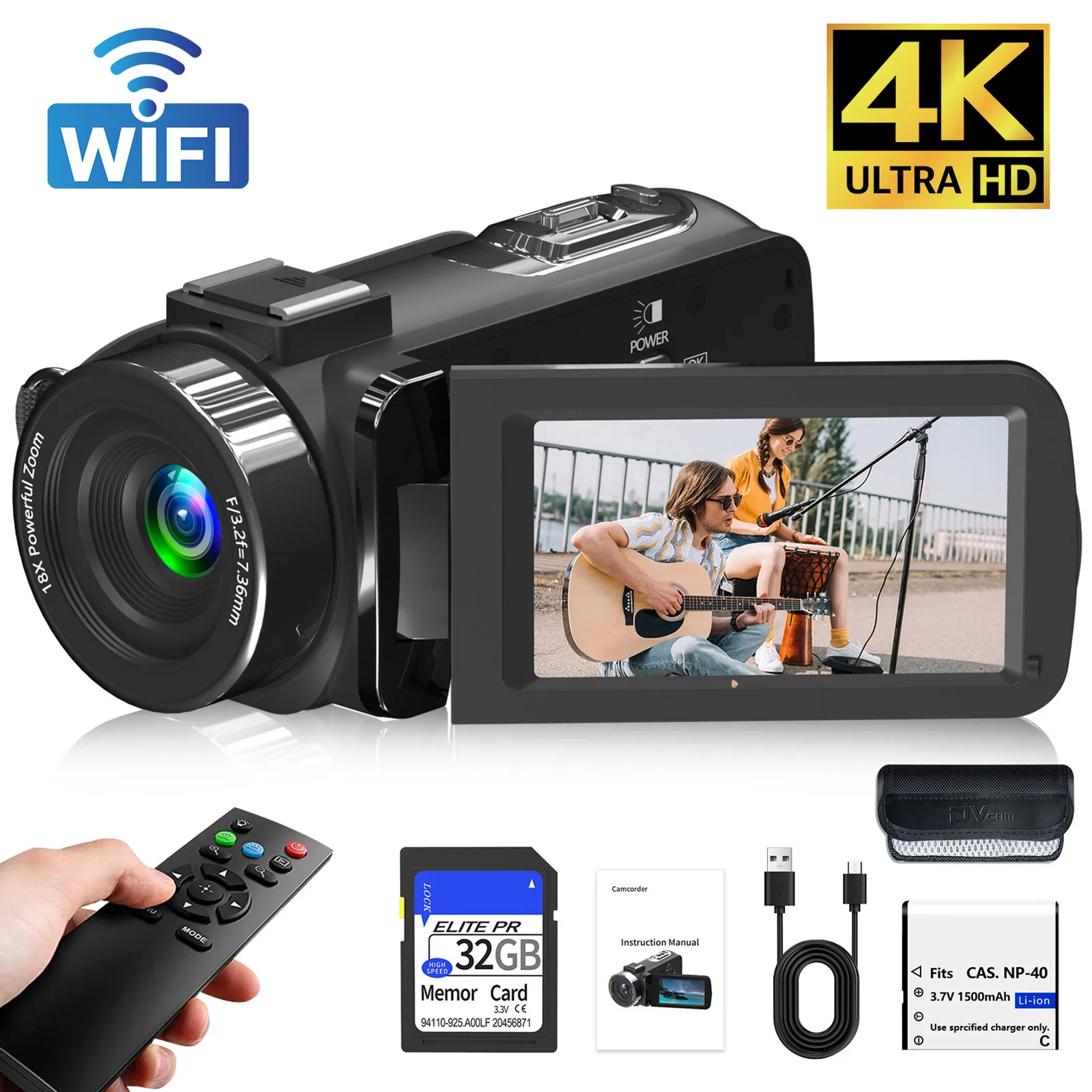 

4K Video Camera Camcorder 56MP 30FPS with IR Night Vision,18X Digital Zoom Camera Recorder 3.0" LCD Touch Screen Vlogging Camera