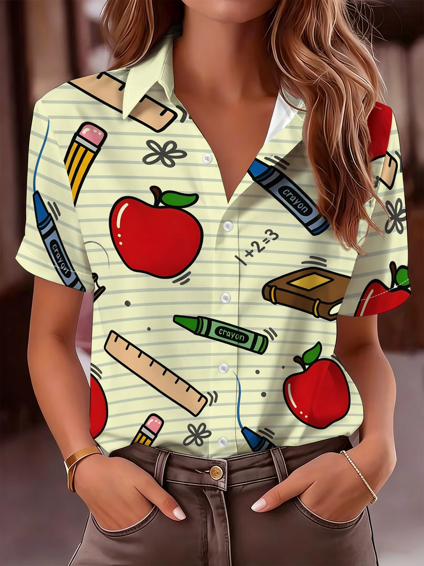 Damen-Langarmshirt mit Cartoon-Apfel- und Schreibwaren-Print, lässig, normale Passform, bequem, vielseitig, für Pendler, für den täglichen Gebrauch – Detail 2