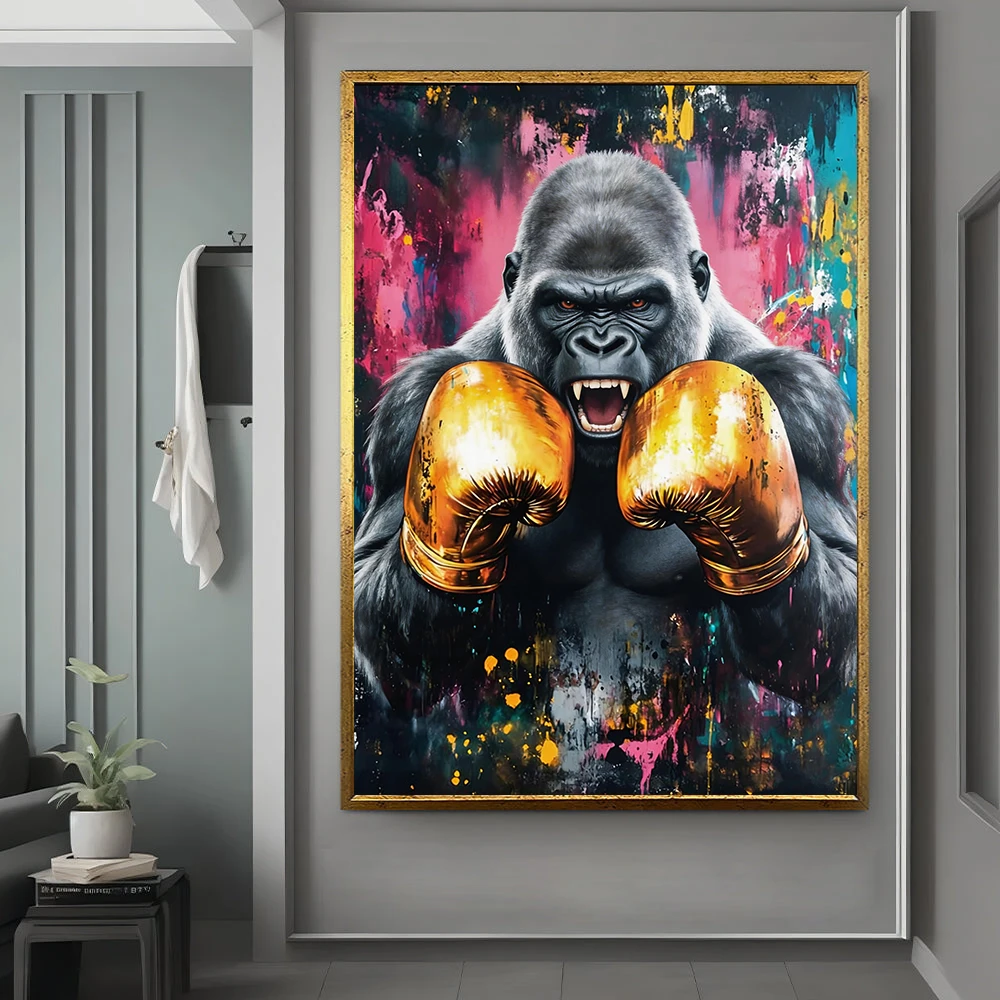 Ferocious Boxing Gorilla Tiger Lion Canvas Art - Vibrant Graffiti Style Wall Decor Eye-Catching Golden Gloves Wild Animal Poster
