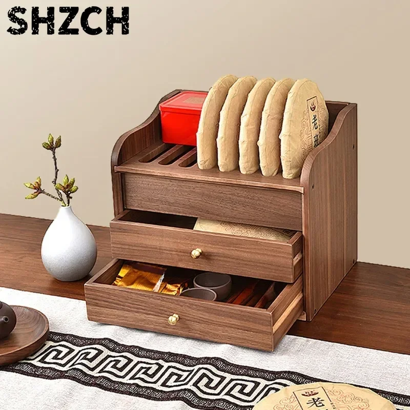 Solid Wood Pu-erh Tea Storage Cabinet Multi-Layer Drawer Tea Cake Organizer High-End Display Chest for Tea Station Living Room