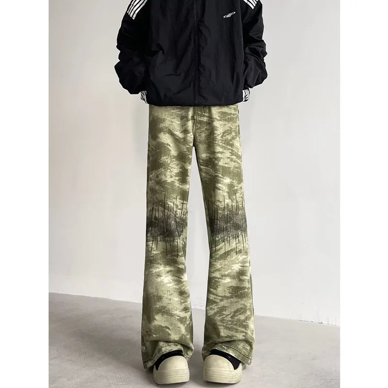 2024 Cyber Y2K Fashion Embroidery Camouflage Baggy Flare Jeans Pants Men Clothes Straight Harajuku Fashion Casual Long Trousers