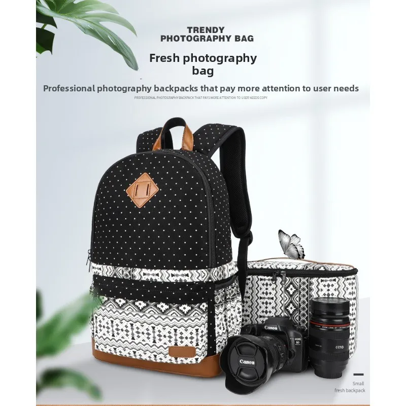 

Canvas waterproof camera bag backpack for middle school students, casual and durable printed design photography bag