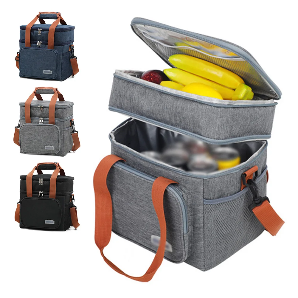 Portable Thermal Lunch Bag Double Layer Picnic Food Cooler Bags Lunch Box Waterproof Office Picnic Lunchbag With Shoulder Strap