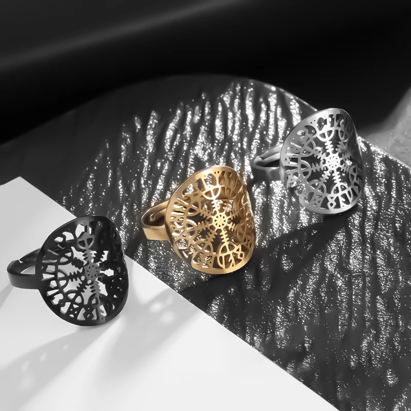 Stainless Steel Hollow Geometric Nordic Compass Rune Snow Adjustable Ring Men's Punk Trend Party Jewelry Gift