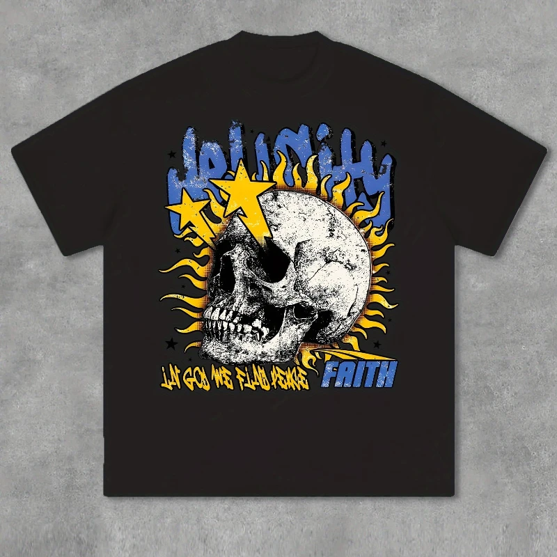 Amerikanische Hip Hop Y2K Flamme Schädel und Hölle Stadt Glaube Muster T-shirt Sommer Neue Retro Mode männer und frauen streetwear