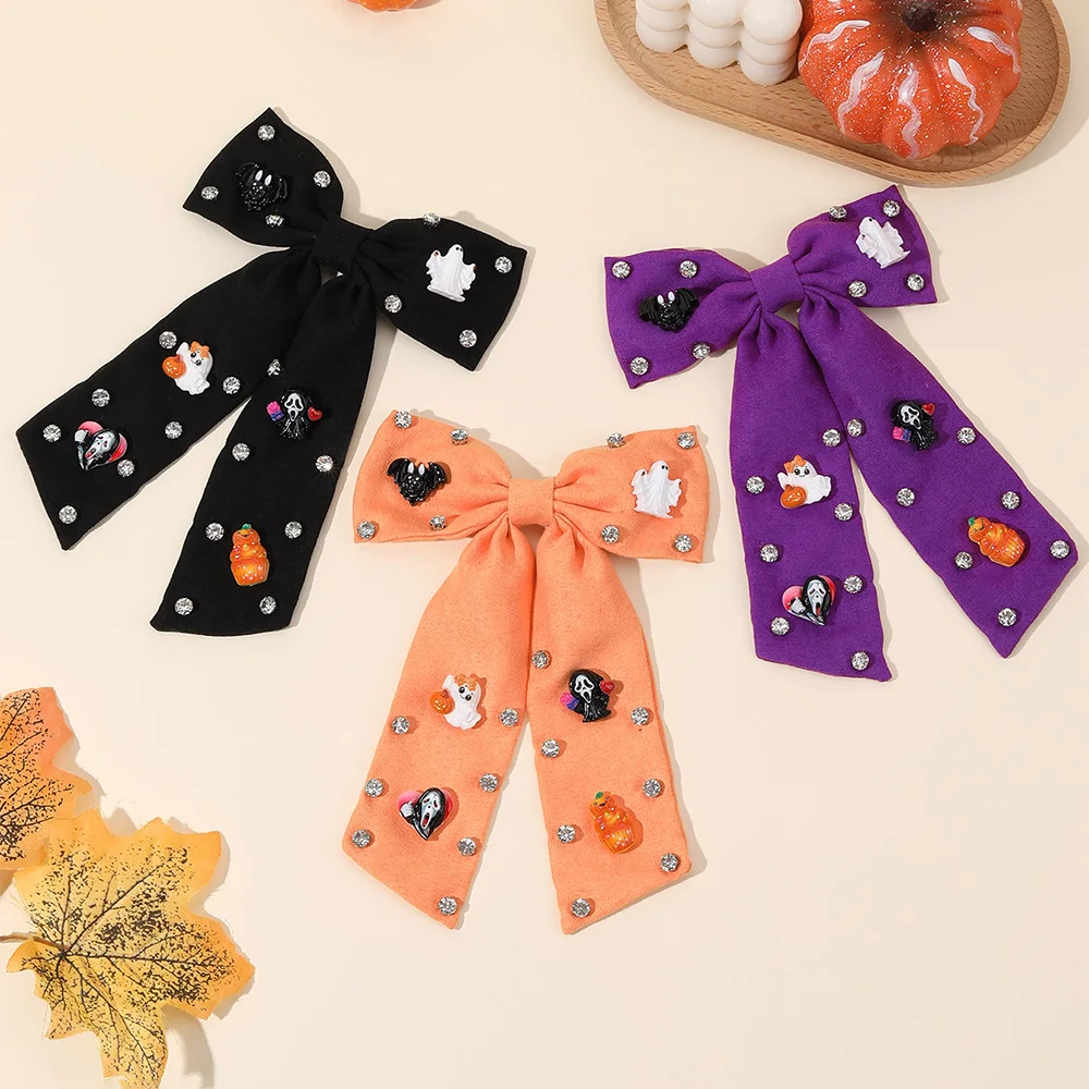 Halloween Bow Hair Clips Cartoon Ghost Bat Hairpins Pumpkin Rhinestone Barrette Girls Children Gothic Headdress Hair Accessories view 3