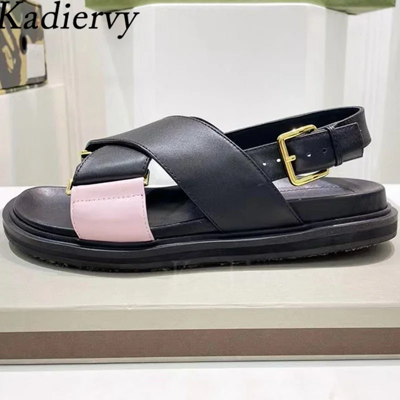 Sommer flache Sandalen Frau echtes Leder Kreuz riemen Urlaub Strands chuhe weibliche dicke Sohle römische Sandalen Frauen Sandalen Mujer