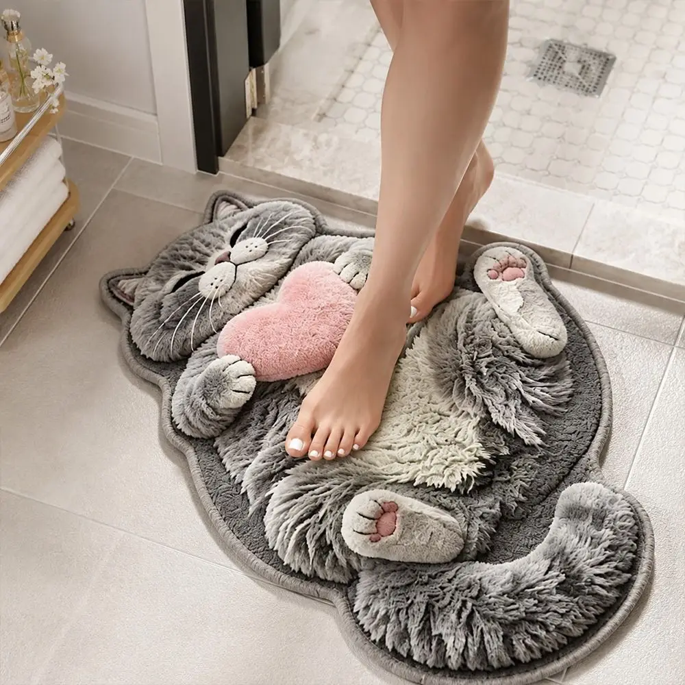 Special-shaped Cat Floor Mat Absorbent Non Slip Backing Cat Shaped Rug Soft Surface Cat Pattern Cat Shaped Carpet Bedroom Decor