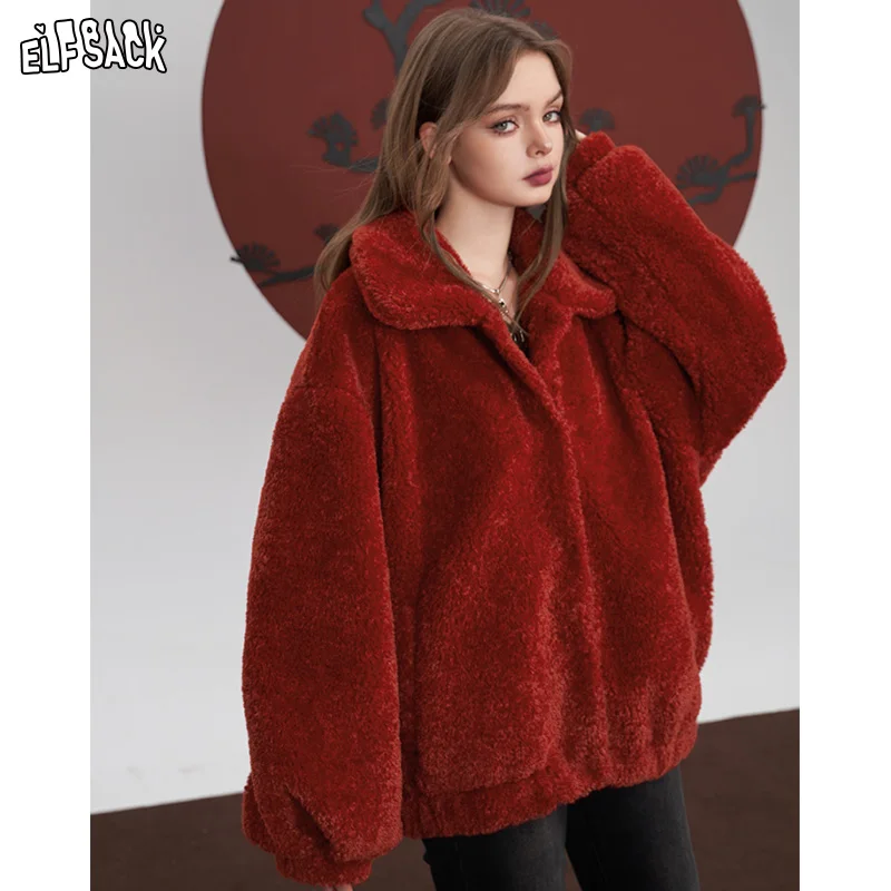 ELFSACK Red Thickening Plush Coats Women Winter Warm Jackets