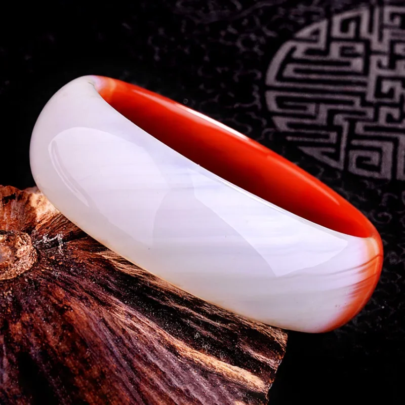 Natural Red White Agate Bracelet Widened Thickened Half Red and Half White Jade Marrow Bangle Deluxe Handwear for Mom Grandma