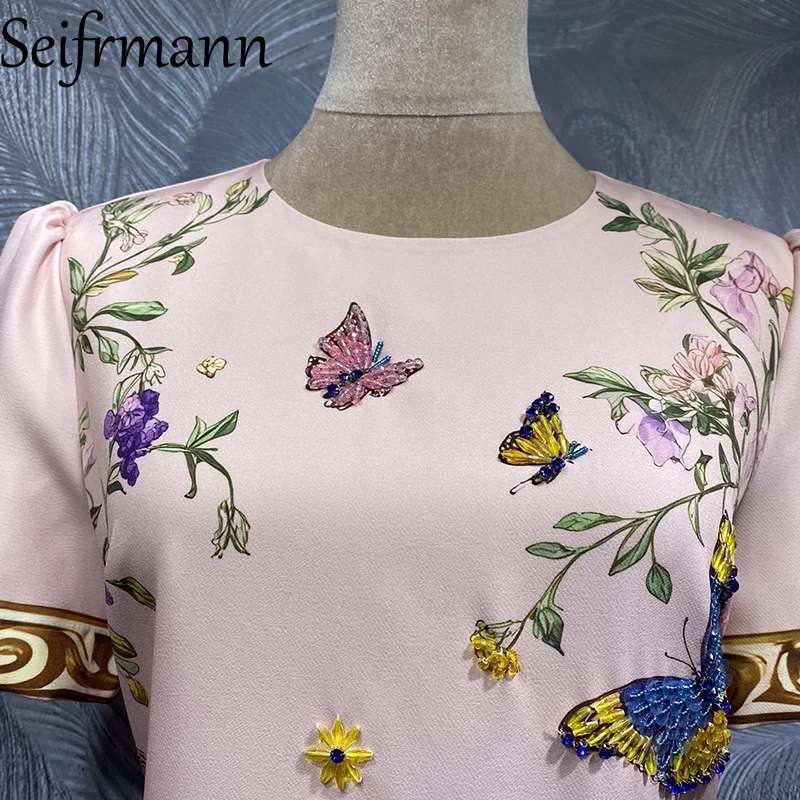 Seifrmann 2026 Sommer Damen Neues Modisches Rundhals-Kurzarmkleid mit Perlen-Jacquard und Taillenbetonung