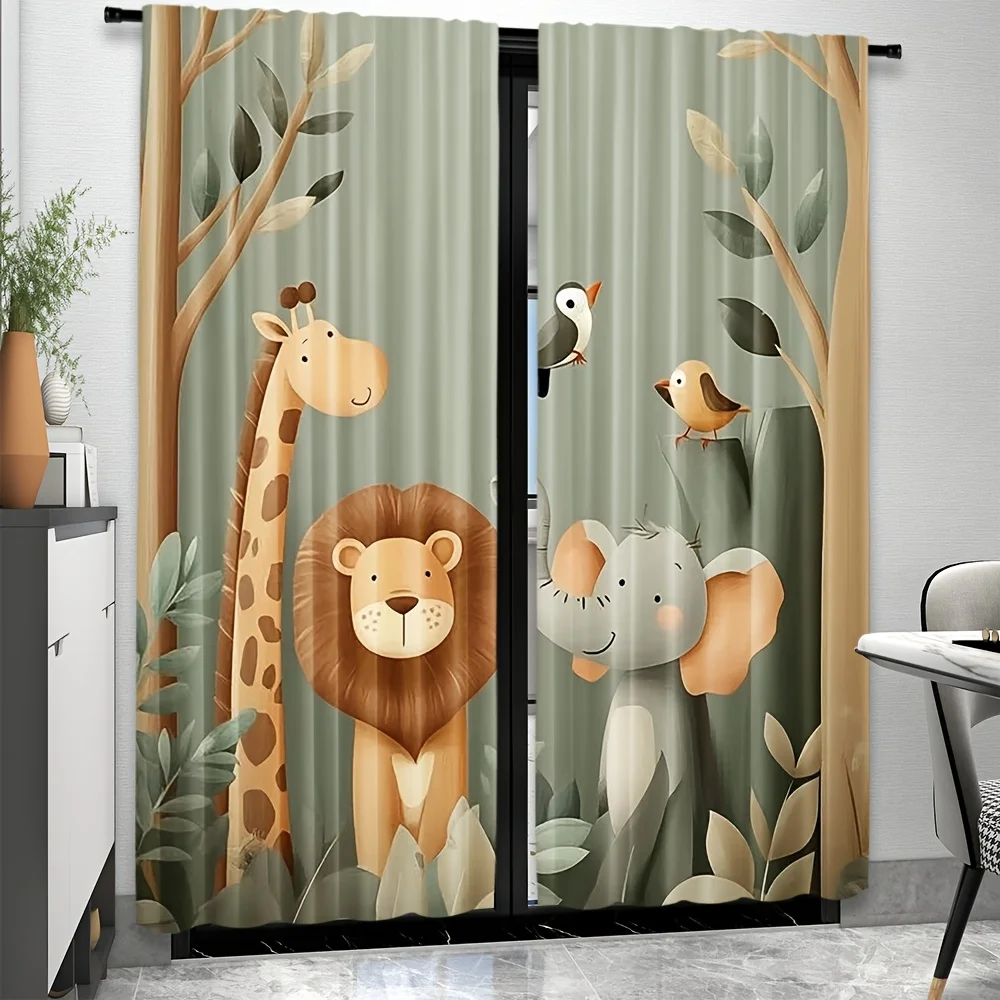 2pc cute jungle animal window curtain with lion giraffe elephant and birds in forest scene for kids room decor playful style