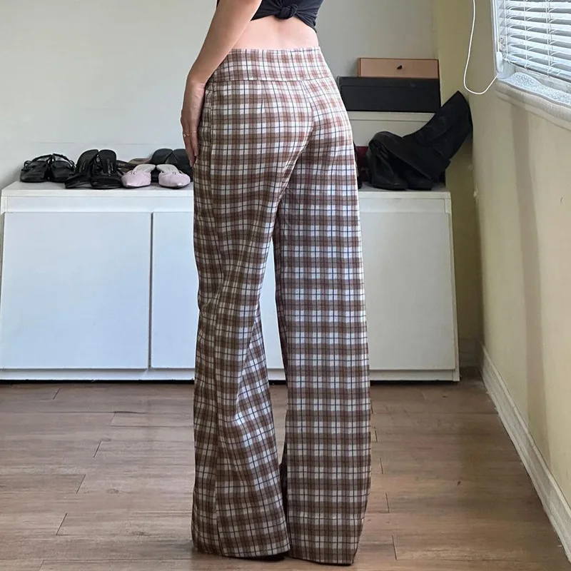 Women's Low Waist Plaid Flared Pants Vintage Y2K Streetwear Slim Fit Comfortable Versatile Casual Daily Trousers