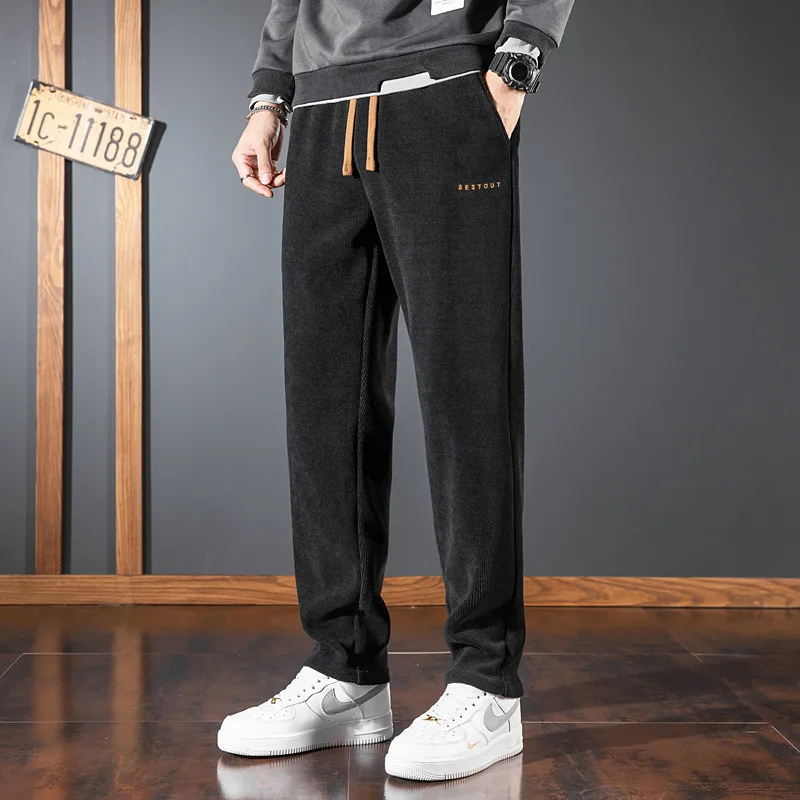 Men's Autumn Winter Chenille Thickened Fleece Corduroy Cargo Pants Drawstring Straight Leg Sports Sweatpants Fashion